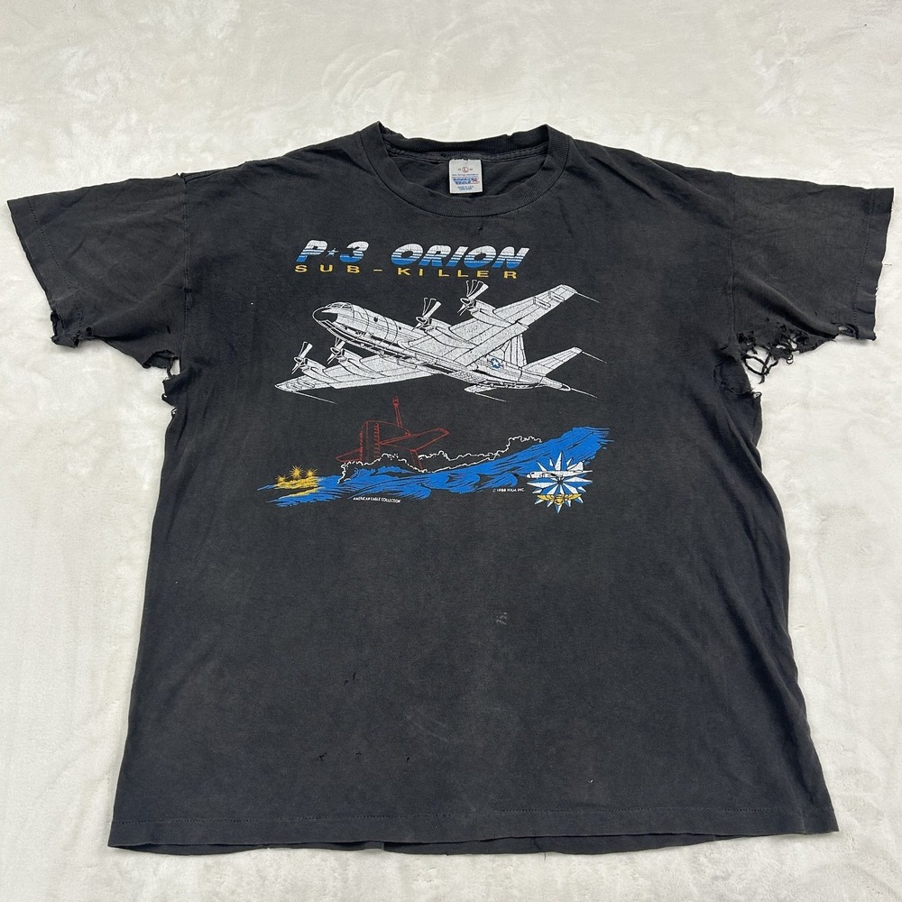 80s bomber jet T-Shirt Mens Large Black P-3 Orion Sub-Killer Vintage thrashed